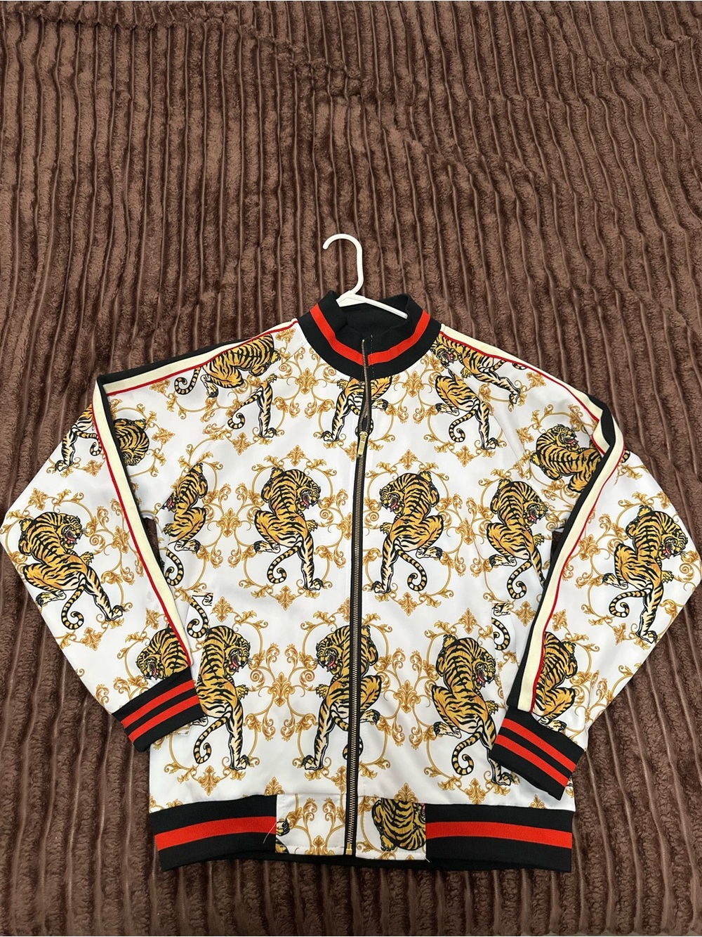 Tiger Print Track Jacket in White, Gold & Black